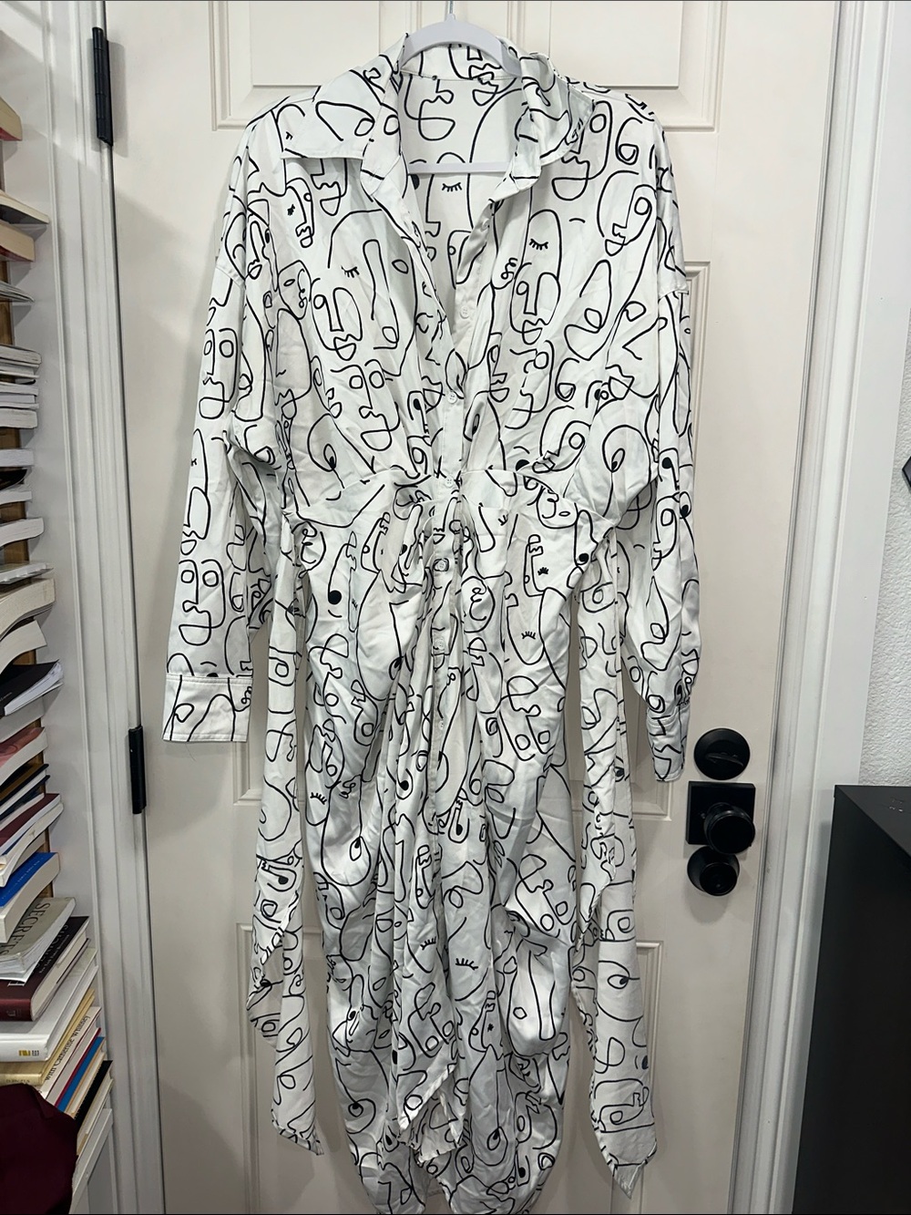 White Button-Front Dress with Black Abstract Face Print